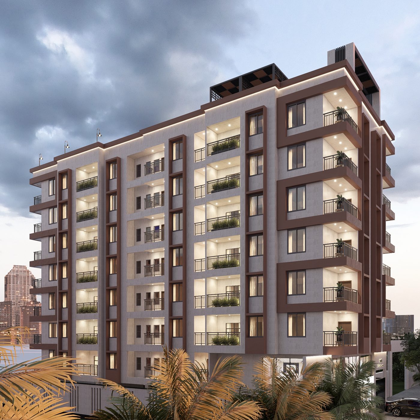SMK Platinum building elevation at dusk