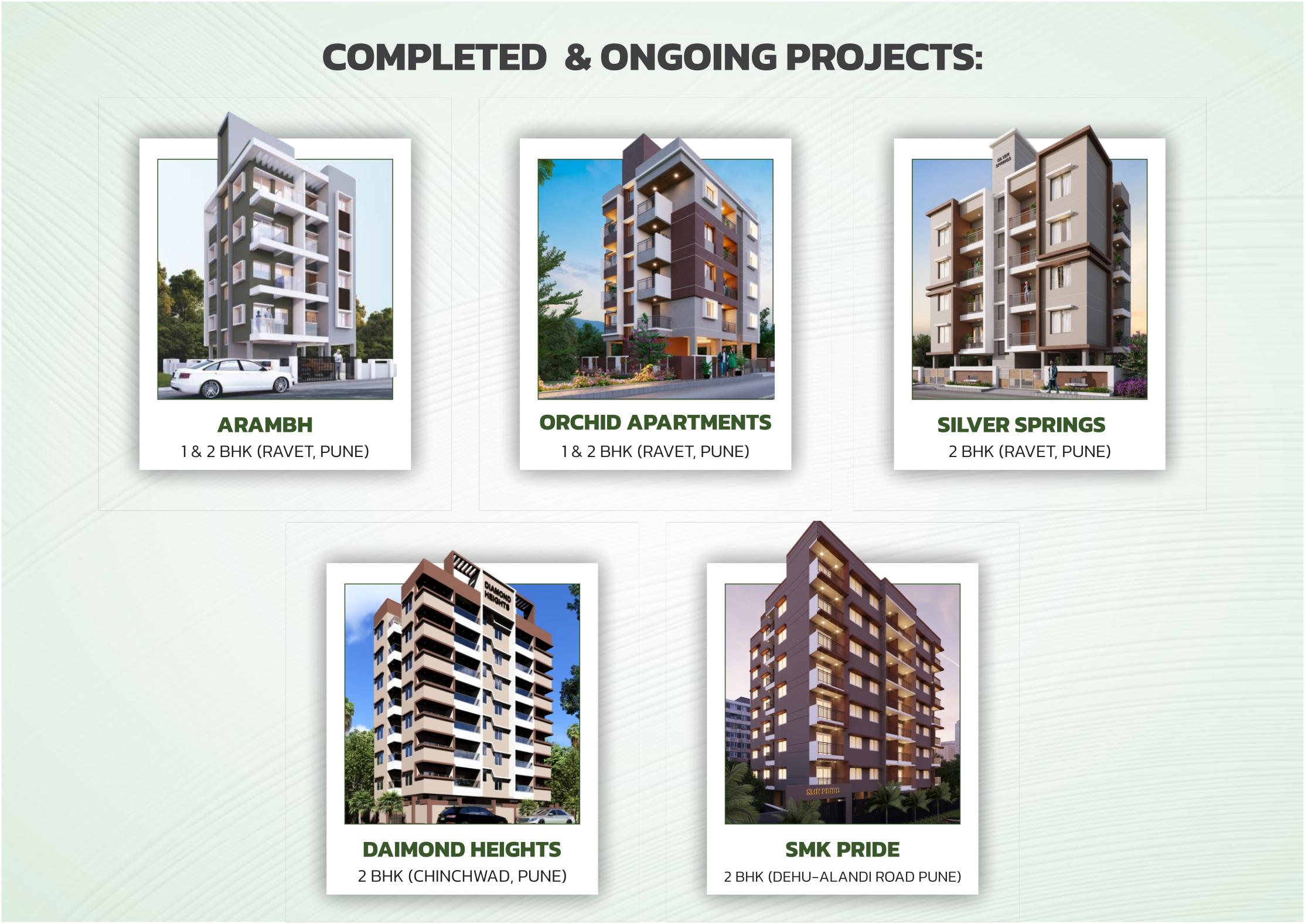 SMK Group LLP completed and ongoing projects: Arambh, Orchid Apartments, Silver Springs, Daimond Heights and SMK Pride